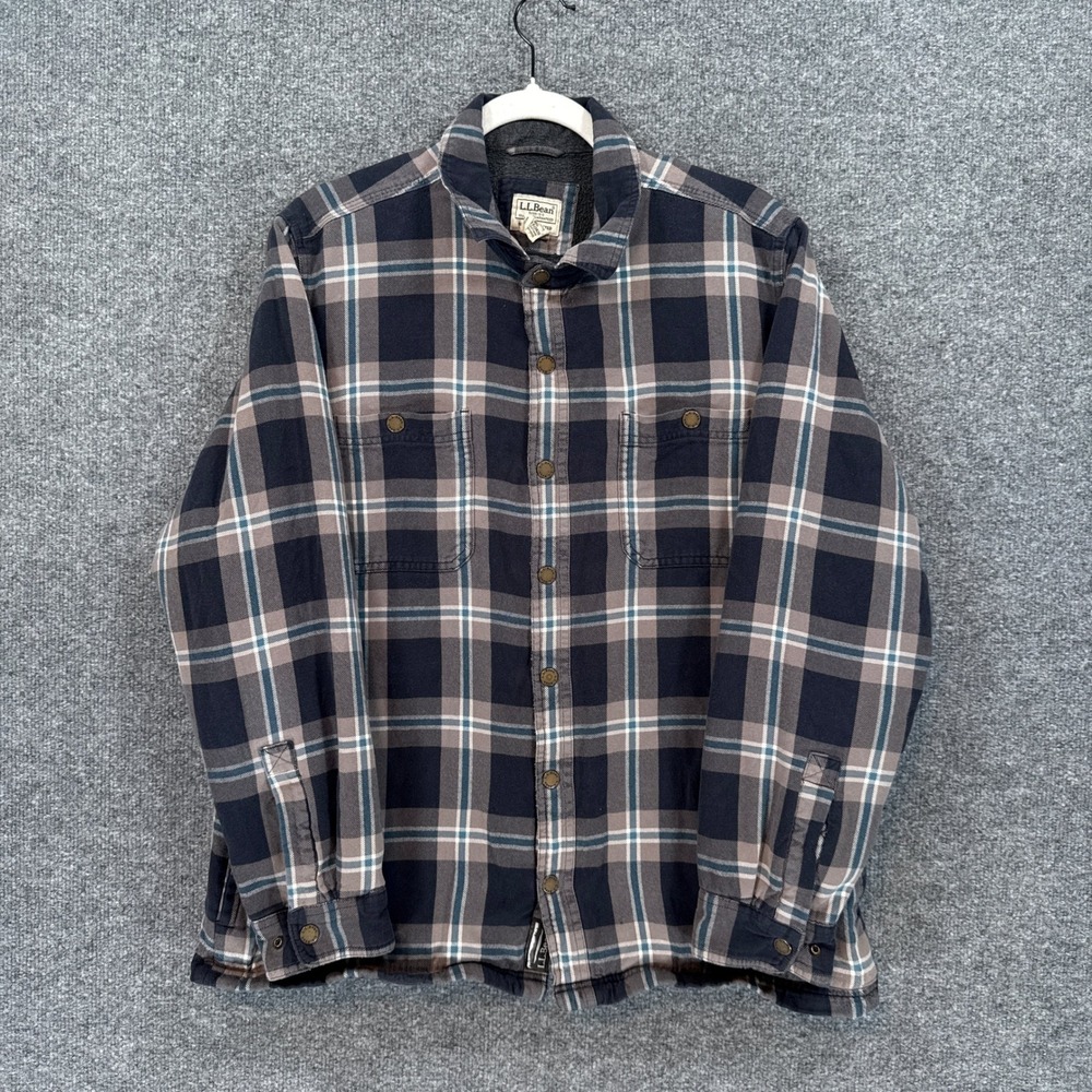 L.L Bean Fleece Lined Flannel Shirt Men Large Blue Gray Plaid Shacket Gorpcore